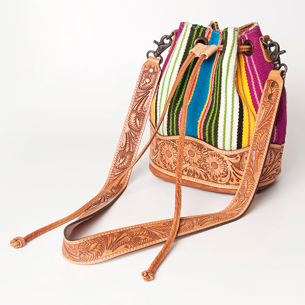 ADBG569 American Darling Hand Tooled Floral Leather & Woven Saddle Blanket Western Bucket Bag