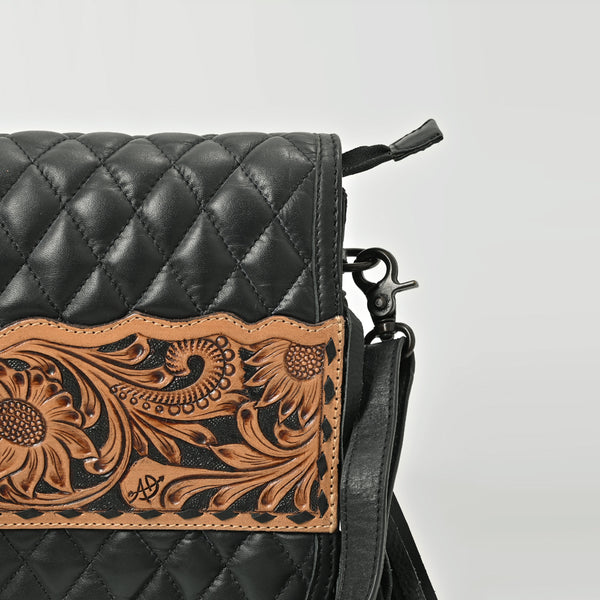 ADBGZ1014 American Darling Hand Tooled Quilted Leather Western Fringe Crossbody Purse