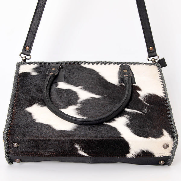 ADBGS118 Western Cowhide Tote -Hair-On Leather Bag with Braided Whipstitch & Strap