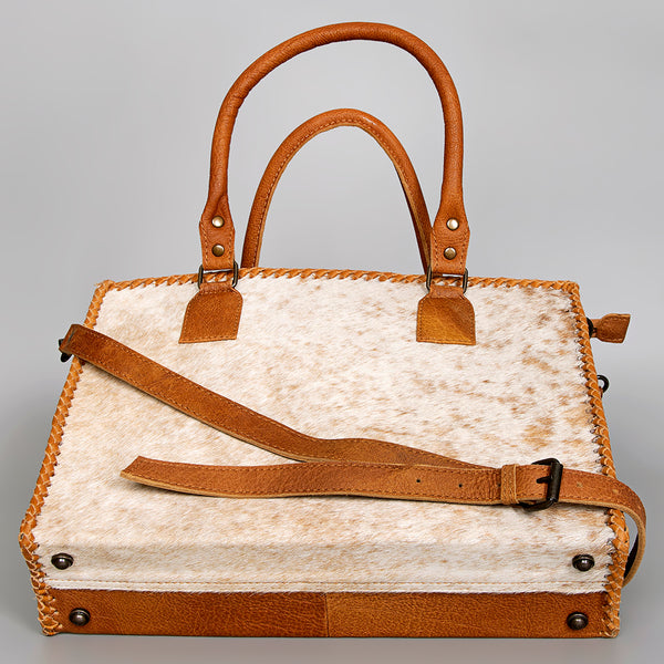 ADBGS118 Western Cowhide Tote -Hair-On Leather Bag with Braided Whipstitch & Strap