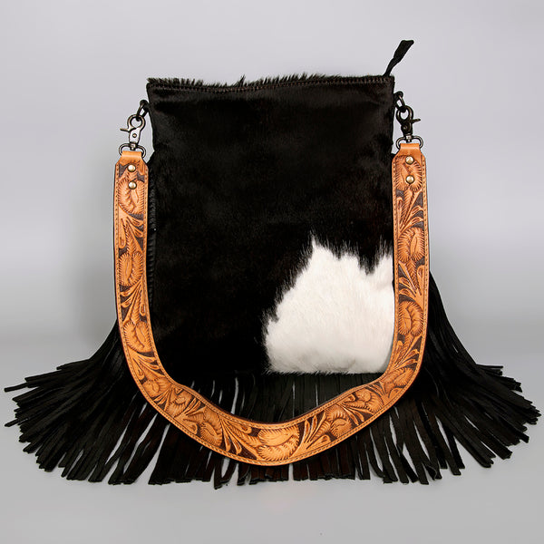ADBGS192 Natural Cowhide Large Crossbody Bag with Fringe - Tooled Strap Western Purse