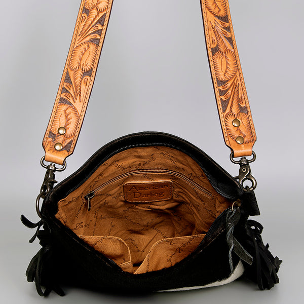 ADBGS192 Natural Cowhide Large Crossbody Bag with Fringe - Tooled Strap Western Purse