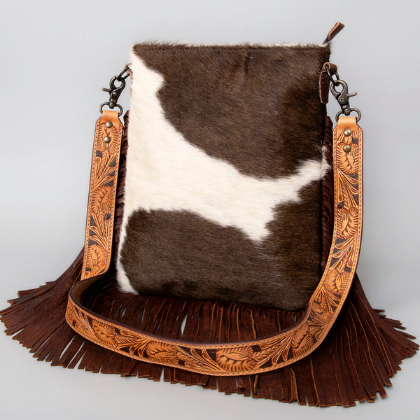 ADBGS192 Natural Cowhide Large Crossbody Bag with Fringe - Tooled Strap Western Purse