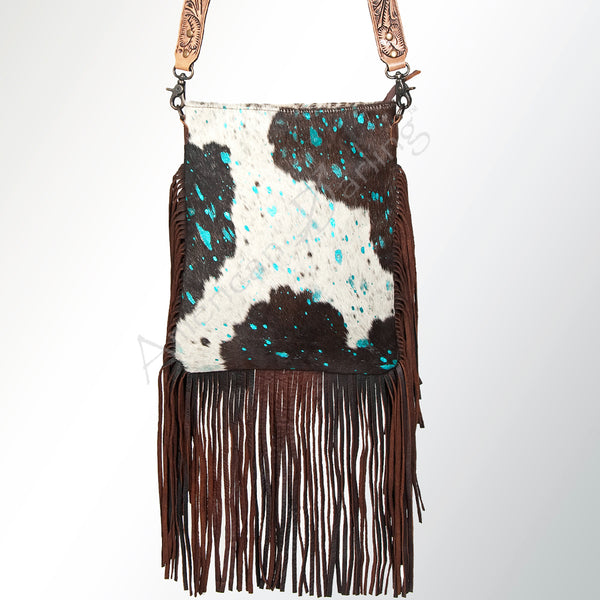 ADBGS192 Splatter Cowhide Large Crossbody Bag with Fringe & Tooled Leather Strap