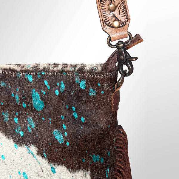 ADBGS192 Splatter Cowhide Large Crossbody Bag with Fringe & Tooled Leather Strap
