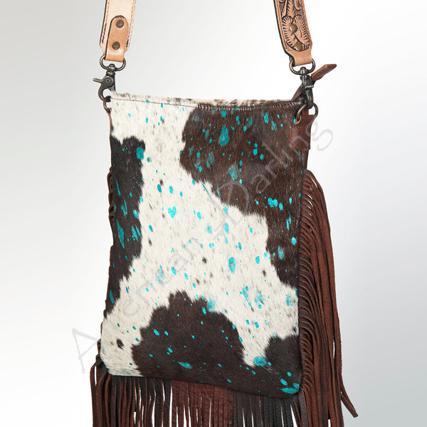 ADBGS192 Splatter Cowhide Large Crossbody Bag with Fringe & Tooled Leather Strap
