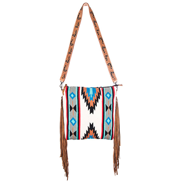 ADBG210 American Darling Western Messenger Bag - Hand Tooled Leather & Woven Saddle Blanket with Fringes