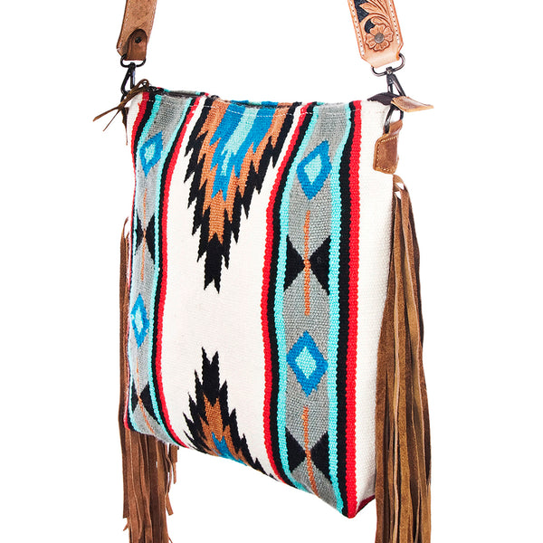 ADBG210 American Darling Western Messenger Bag - Hand Tooled Leather & Woven Saddle Blanket with Fringes