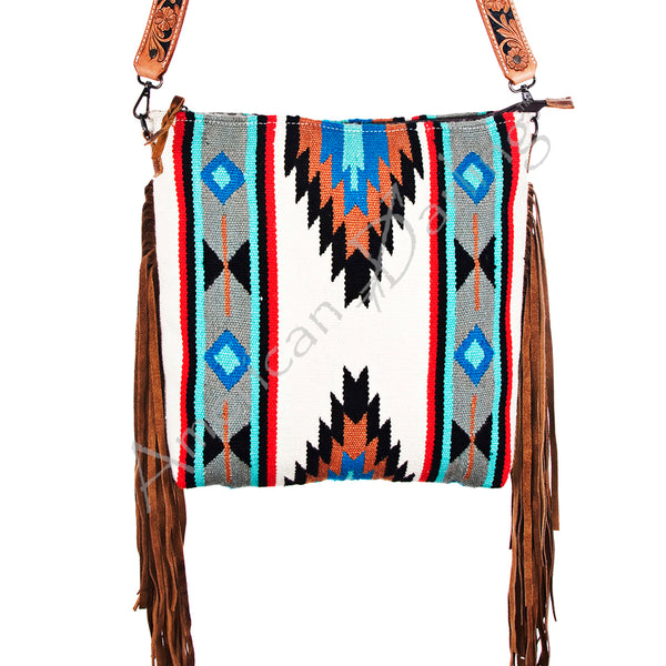 ADBG210 American Darling Western Messenger Bag - Hand Tooled Leather & Woven Saddle Blanket with Fringes