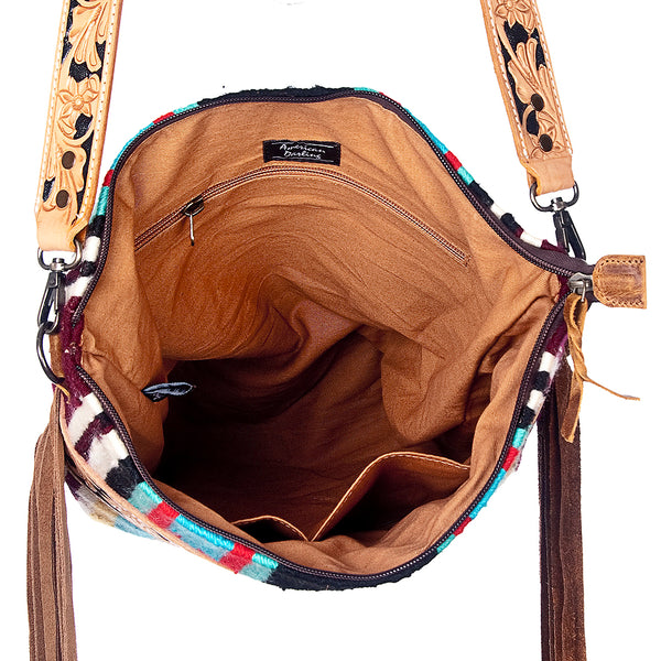 ADBG216 American Darling Large Cross body Bag - Hand Tooled Floral Leather & Woven Saddle Blanket