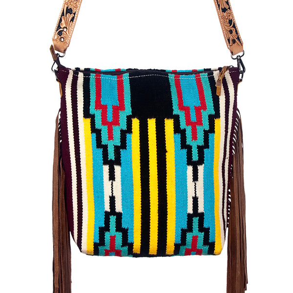 ADBG216 American Darling Large Cross body Bag - Hand Tooled Floral Leather & Woven Saddle Blanket