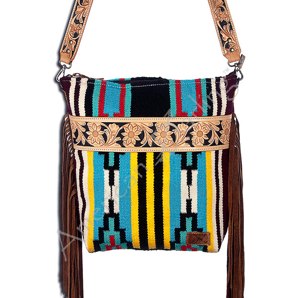 ADBG216 American Darling Large Cross body Bag - Hand Tooled Floral Leather & Woven Saddle Blanket