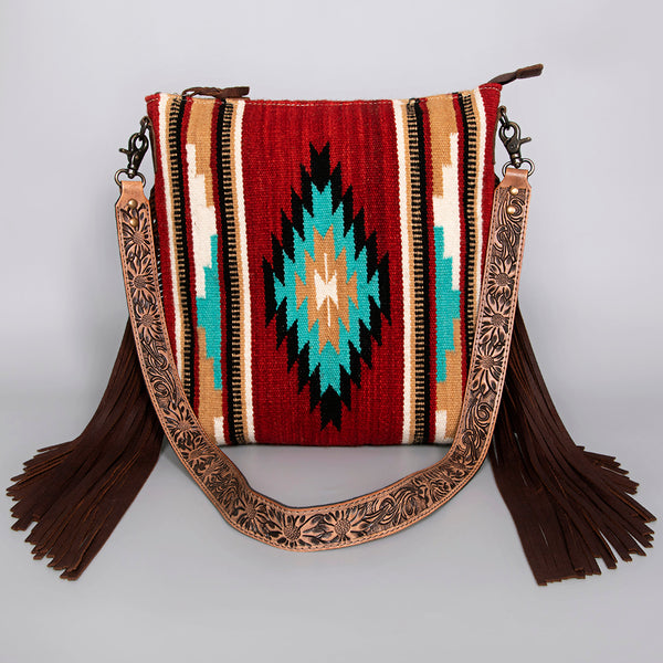ADBG217 American Darling Large Cross body Bag - Hand Tooled Floral Leather & Woven Saddle Blanket