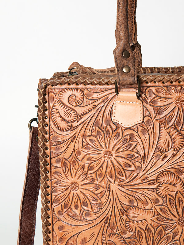 ADBG235 American Darling Western Leather Tote Bag - Hand Tooled Floral Carved Braided Purse