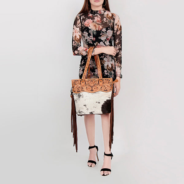 LC-ADBGS144BRW Tooled Leather & Cowhide Messenger - Western Fringe Bag with Floral Carving