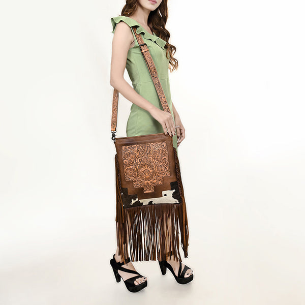 ADBG256 American Darling Messenger Bag - Hand Tooled Floral Leather & Hair-On Cowhide Purse