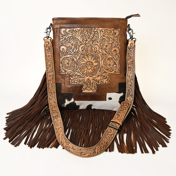 ADBG256 American Darling Messenger Bag - Hand Tooled Floral Leather & Hair-On Cowhide Purse