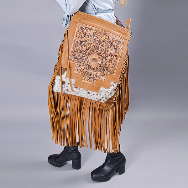 ADBG256 American Darling Messenger Bag - Hand Tooled Floral Leather & Hair-On Cowhide Purse