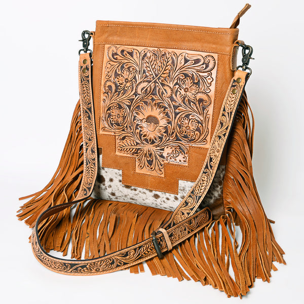 ADBG256 American Darling Messenger Bag - Hand Tooled Floral Leather & Hair-On Cowhide Purse
