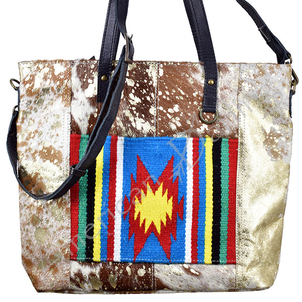 ADBG106 American Darling Hair-on Cowhide Western Tote Bag with Handwoven Saddle Blanket Accent Genuine Leather
