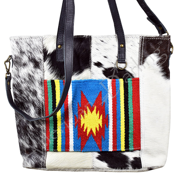ADBG106 American Darling Hair-on Cowhide Western Tote Bag with Handwoven Saddle Blanket Accent Genuine Leather