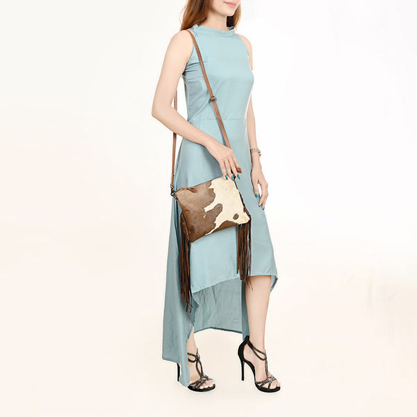 ADBG109 American Darling Hair-On Cowhide Western Crossbody Bag with Leather Fringe Detail