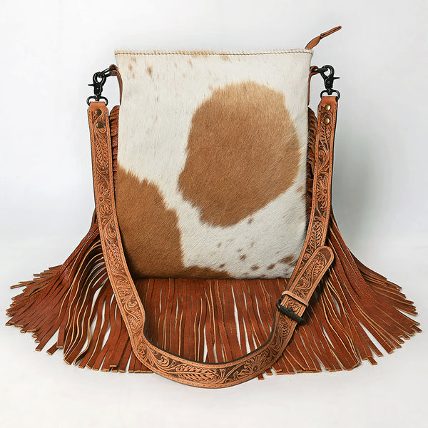 ADBGS192 Natural Cowhide Large Crossbody Bag with Fringe - Tooled Strap Western Purse