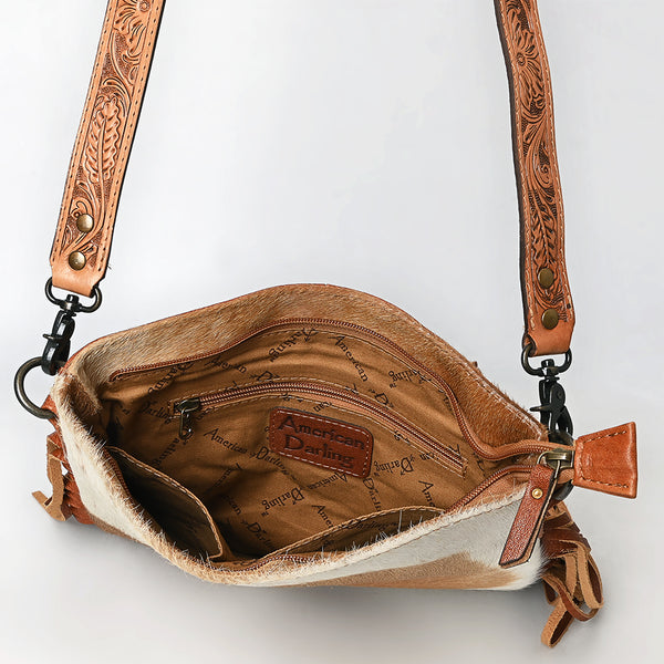 ADBGS192 Natural Cowhide Large Crossbody Bag with Fringe - Tooled Strap Western Purse
