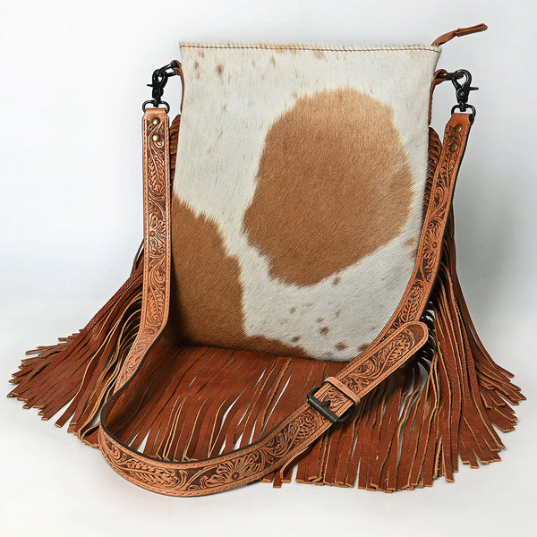 ADBGS192 Natural Cowhide Large Crossbody Bag with Fringe - Tooled Strap Western Purse