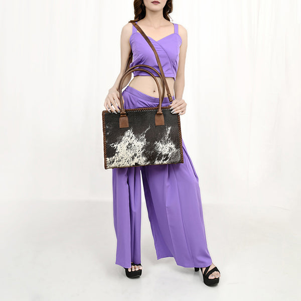 ADBGS118 Western Cowhide Tote -Hair-On Leather Bag with Braided Whipstitch & Strap