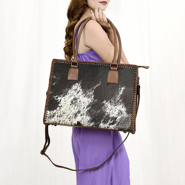 ADBGS118 Western Cowhide Tote -Hair-On Leather Bag with Braided Whipstitch & Strap