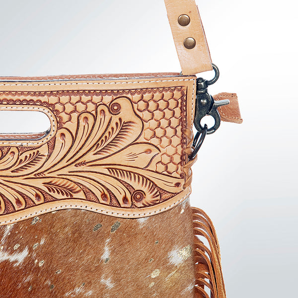 LC-ADBGS145ACGO Tooled Leather & Deer-Print Cowhide Clutch - Western Fringe Convertible Tote
