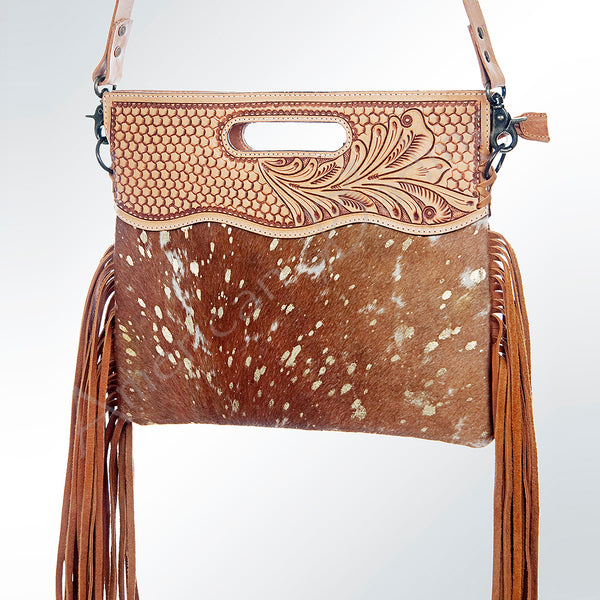 LC-ADBGS145ACGO Tooled Leather & Deer-Print Cowhide Clutch - Western Fringe Convertible Tote