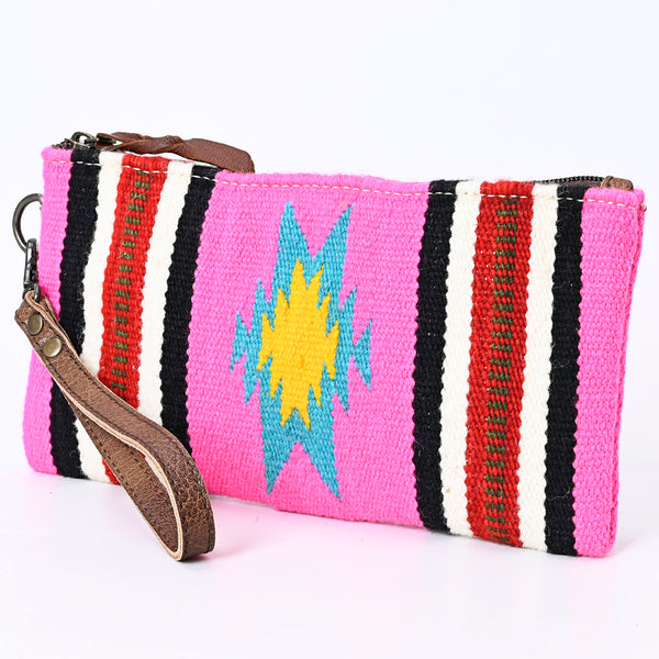 ADBG344 Southwestern Wool Wristlet Clutch with Tribal Pattern and Leather Strap