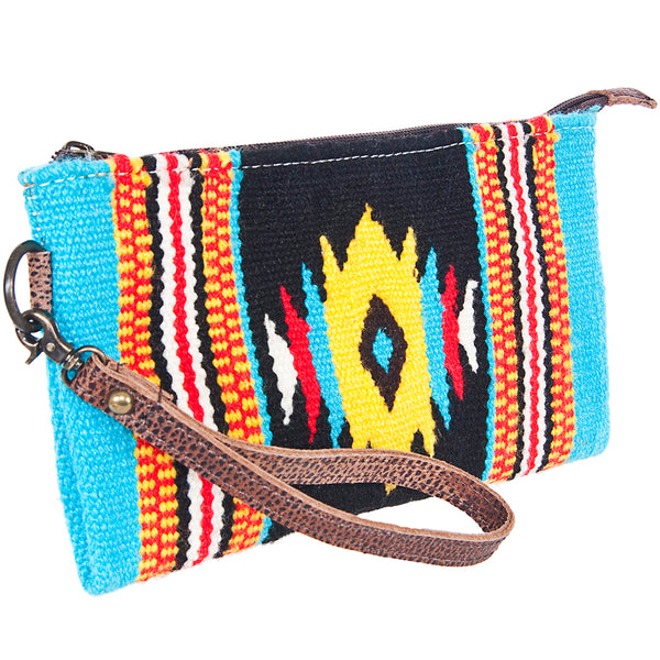 ADBG344 Southwestern Wool Wristlet Clutch with Tribal Pattern and Leather Strap
