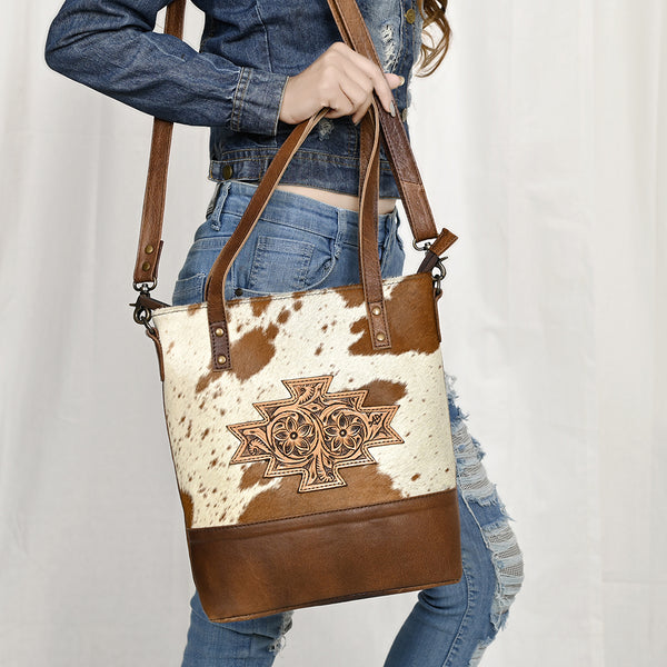 ADBG330BRWBR American Darling Hair-On Cowhide Hand Tooled Leather Tote Bag
