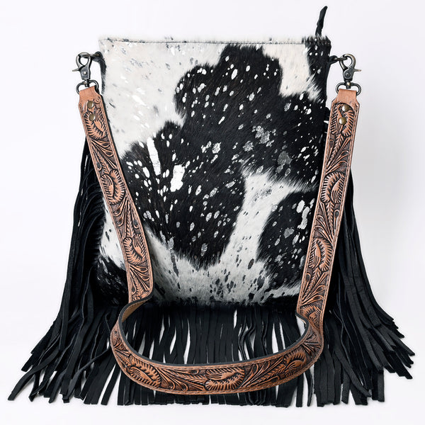 ADBGS192 Splatter Cowhide Large Crossbody Bag with Fringe & Tooled Leather Strap