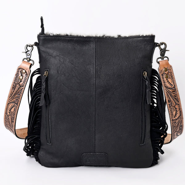 ADBGS192 Splatter Cowhide Large Crossbody Bag with Fringe & Tooled Leather Strap