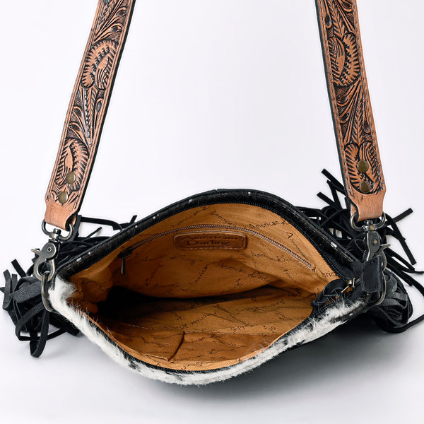 ADBGS192 Splatter Cowhide Large Crossbody Bag with Fringe & Tooled Leather Strap