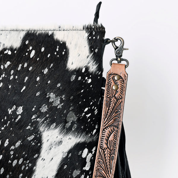 ADBGS192 Splatter Cowhide Large Crossbody Bag with Fringe & Tooled Leather Strap