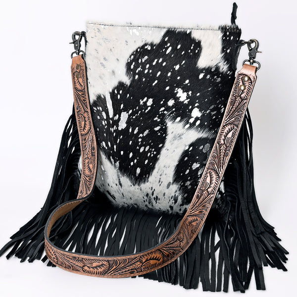 ADBGS192 Splatter Cowhide Large Crossbody Bag with Fringe & Tooled Leather Strap