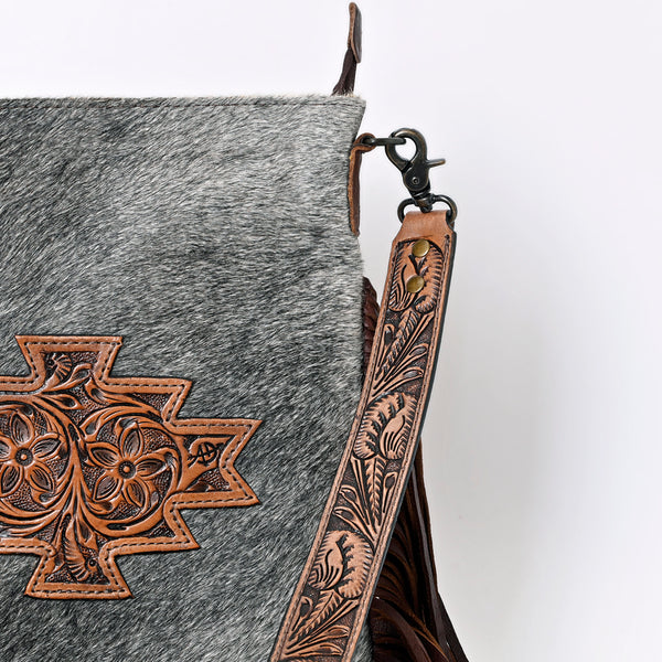 LC-ADBGS192 Cowhide Large Crossbody Bag with Tooled Patch, Fringe & Floral Strap - Western Boho Purse