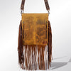 LC-ADBGS192 Cowhide Large Crossbody Bag with Tooled Patch, Fringe & Floral Strap - Western Boho Purse