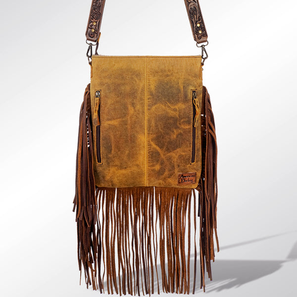 LC-ADBGS192 Cowhide Large Crossbody Bag with Tooled Patch, Fringe & Floral Strap - Western Boho Purse