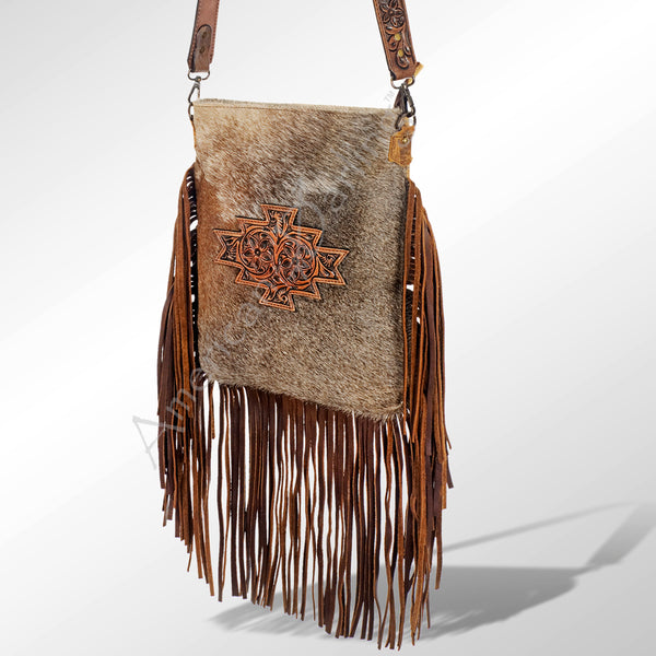 LC-ADBGS192 Cowhide Large Crossbody Bag with Tooled Patch, Fringe & Floral Strap - Western Boho Purse