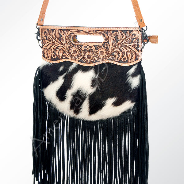 ADBG346 American Darling Western Leather Clutch Bag with Hand Tooled Floral Carving & Hair-On hide