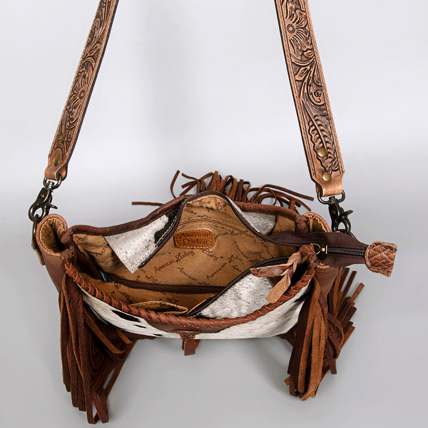 ADBG351 American Darling Western Leather Crossbody Bag with Hair-On Cowhide and Hand Tooled Strap