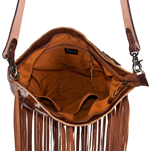 ADBG351 American Darling Western Leather Crossbody Bag with Hair-On Cowhide and Hand Tooled Strap