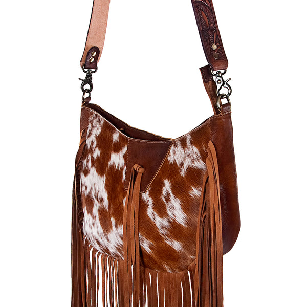 ADBG351 American Darling Western Leather Crossbody Bag with Hair-On Cowhide and Hand Tooled Strap