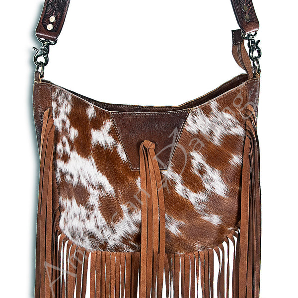 ADBG351 American Darling Western Leather Crossbody Bag with Hair-On Cowhide and Hand Tooled Strap
